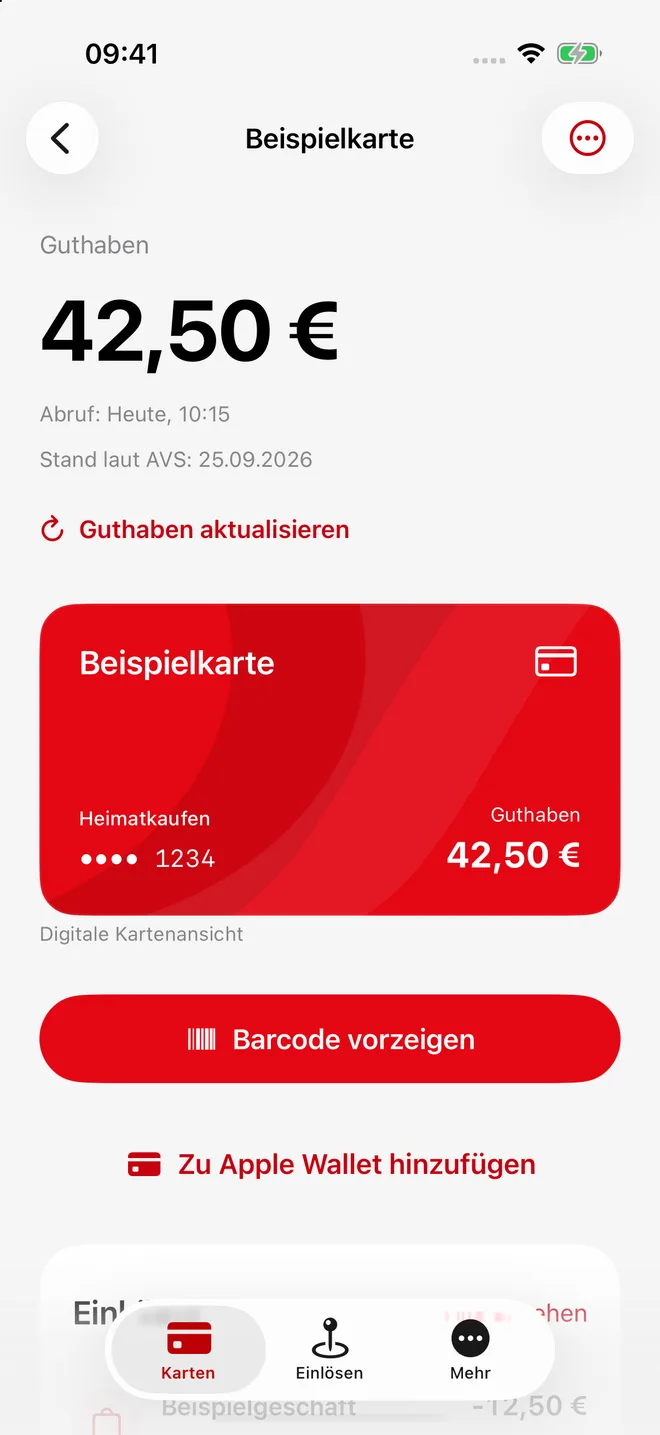 Kartendetail mit Guthaben und Barcode-Button