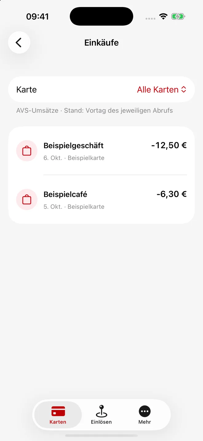 Liste der letzten Einkäufe mit Beträgen