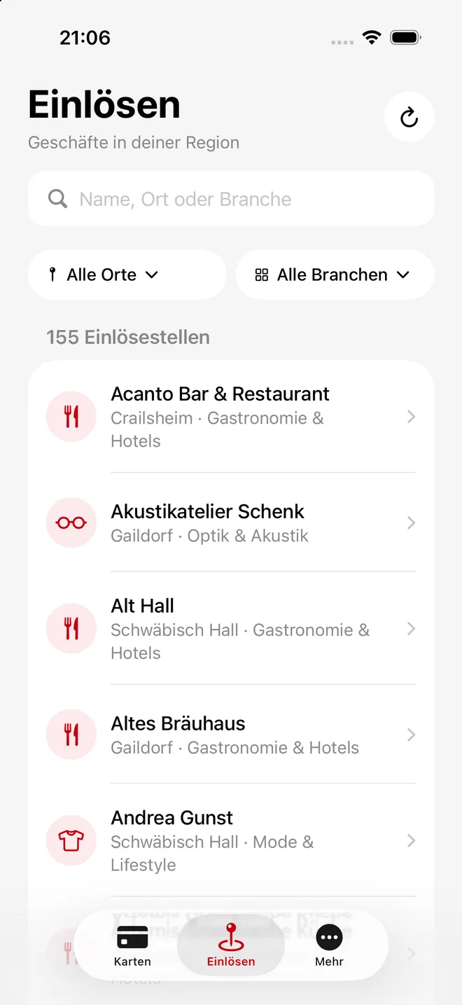 Liste der Einlösestellen mit Suche und Filtern