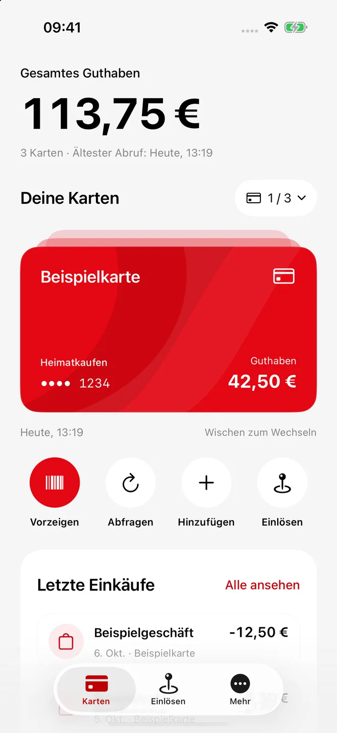 Kartenübersicht mit Gesamtguthaben, Kartenstapel und Schnellaktionen